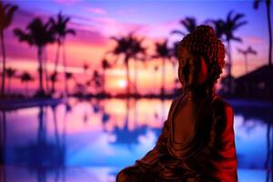 Buddha Purnima and Vesak day concept, Buddha statue with low key light against beautiful and colorful background. Meditation photo