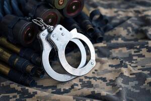 Ukrainian army machine gun belt shells and handcuffs on military uniform. Concept of bribery and war crimes photo