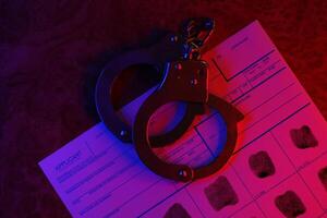 Applicant or fingerprints card with police handcuffs on table in dark room photo