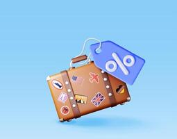 3d suitcase with blue price tag isolated. Render travel bag with coupon or voucher with percent symbol. Travel sale or tour discount. Holiday or vacation. Transportation concept. vector