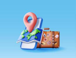 3D vintage travel bag, world map and pin in smartphone. Render leather classic travel bag with stickers and map. Travel, holiday or vacation. Transportation, online booking app. vector