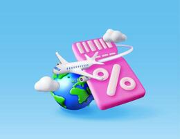 3d airplane with globe and sale voucher isolated. Render plane with discount coupon and planet earth. Travel sale or tour discount. Holiday or vacation. Transportation concept. vector