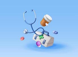 3d first aid kit with stethoscope and pill container isolated. Render bag for medicine and tablets. Healthcare, hospital and medical diagnostics. Urgency and emergency services. vector
