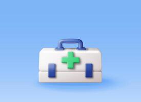 3d First aid kit with green cross isolated. Render plastic bag for medicine. Healthcare, hospital and medical diagnostics. Urgency and emergency services. vector