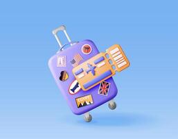3D blue travel suitcase with stickers and boarding pass isolated. Render plastic bag with airplane ticket. Travel or journey plastic case trolley on wheels. Travel baggage luggage. vector