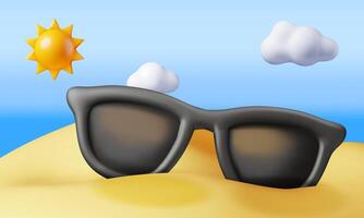 3d beach with sunglasses in sand over sea. Render summer vacation composition. Summer trip icon. Concept of vacation or holiday, Time to travel. Beach relaxation. vector