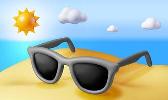 3d beach with sunglasses in sand over sea. Render summer vacation composition. Summer trip icon. Concept of vacation or holiday, Time to travel. Beach relaxation. vector