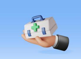 3d First aid kit with green cross in hand isolated. Render plastic bag for medicine. Healthcare, hospital and medical diagnostics. Urgency and emergency services. vector