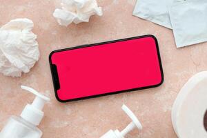 Mockup for adult content website or app on smartphone display with porn watching attributes around photo