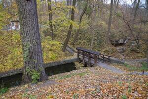 Beautiful Nature Autumn landscape with small bridge. Scenery view on autumn city park with golden yellow foliage in cloudy day photo