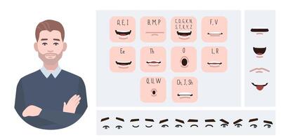 Business man avatar creation suitable for animation. Generator, constructor of diverse eyes, lips, emotion expressions mouth animation and lip sync. Male character face construction. vector
