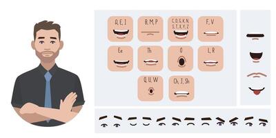 Business man avatar creation suitable for animation. Generator, constructor of diverse eyes, lips, emotion expressions mouth animation and lip sync. Male character face construction. vector