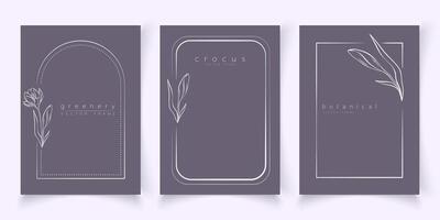 Botanical line art illustration set of crocus flower frames templates for wedding invitation and cards, logo design, web, social media and posters template. Elegant minimal style floral isolate vector