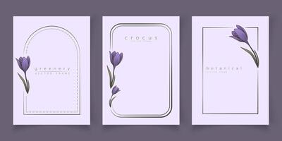 Botanical line art illustration set of crocus flower frames templates for wedding invitation and cards, logo design, web, social media and posters template. Elegant minimal style floral isolate vector