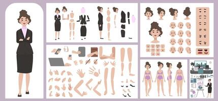 Business woman avatar creation suitable for animation. Generator, constructor of diverse views of eyes, lips, emotion expressions mouth animation and lip sync. Girl character face and body move vector