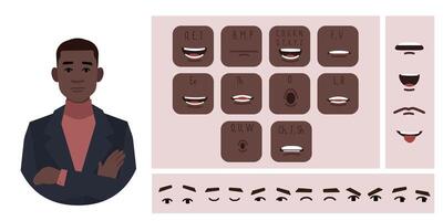 Business man avatar creation suitable for animation. Generator, constructor of diverse eyes, lips, emotion expressions mouth animation and lip sync. Male character face construction. vector