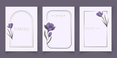 Botanical line art illustration set of crocus flower frames templates for wedding invitation and cards, logo design, web, social media and posters template. Elegant minimal style floral isolate vector