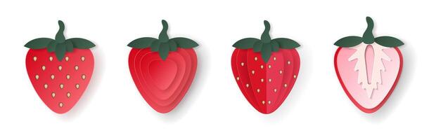 Set of 3d papercut strawberry sliced cutout berry fruit. Summer layered fruits. Juicy food elements for restaurant, food, drinks, bars, recipes, summer, sweets, vegan, social media, presentation desig vector