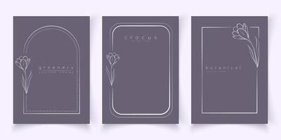 Botanical line art illustration set of crocus flower frames templates for wedding invitation and cards, logo design, web, social media and posters template. Elegant minimal style floral isolate vector