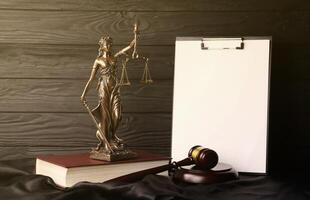 Lady justice or justitia the Roman goddess of Justice. Statue on brown book with judge gavel on blank paper background with copyspace. Concept of judicial trial, courtroom process and lawyers work photo