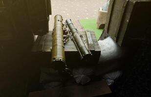 Military, Shooting RPG anti tank grenade launcher. war trophy. military supplies of heavy weapons photo