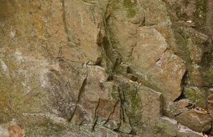 Light coarse natural rock stone background. Mining cliff rough front surface. Big limestone stack backdrop. Heavy grunge damaged granite block texture photo