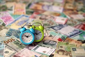 Small alarm clock on many banknotes of different currency. Background of time and money photo