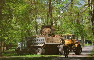 el equipo de mejora de la ciudad quita las hojas caídas en el parque con una excavadora y un camión. trabajo estacional regular en la mejora de los lugares públicos para la recreación foto