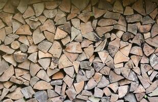 Firewood stacked near the wooden wall of old hut. Many chopped logs of firewood photo