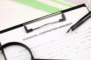 Construction contract form on A4 tablet lies on office table with pen and magnifying glass photo