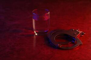 Handcuffs and glass of vodka alcohol drink. Concept of alcohol addiction or criminal photo