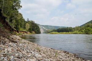 The sandy bank of the river is a large pebble lying by the water, the mountain river makes a sharp turn, a steep clay bank, a green forest, a summer day, a landscape in Russia. photo