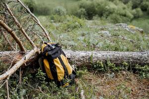 A tourist backpack lies on the ground near a tree, a yellow hiking bag, camping equipment, a place to relax in nature. photo