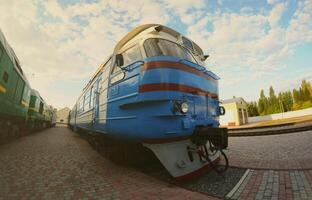 Photo of modern electric trains of Russian production. Strong distortion from the fisheye lens