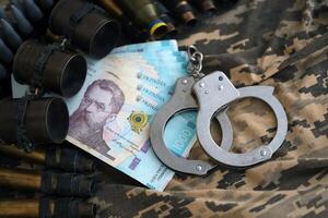 Ukrainian army machine gun belt shells and handcuffs on military uniform. Concept of bribery and war crimes photo