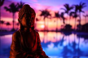 Buddha Purnima and Vesak day concept, Buddha statue with low key light against beautiful and colorful background. Meditation photo