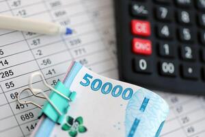 Business calculations with indonesian rupiah money bills and calculator with pen on office table photo