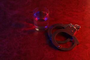 Handcuffs and glass of vodka alcohol drink. Concept of alcohol addiction or criminal photo