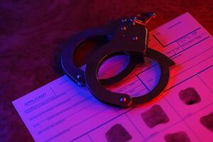 Applicant or fingerprints card with police handcuffs on table in dark room photo