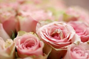 oro diamante compromiso anillo en hermosa rosado Rosa flor entre grande cantidad de rosas en grande ramo de flores cerca arriba foto
