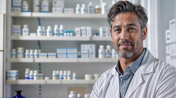 Confident doctor in a pharmacy with healthcare professionalism, smiling at camera photo