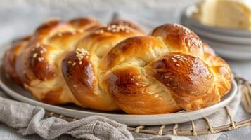 Golden braided Challah bread with sesame seeds served on a rustic dish photo