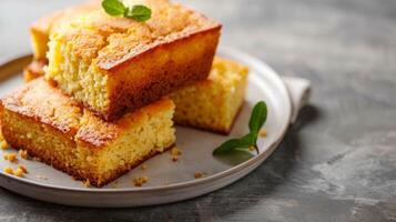 Golden Cornbread on Plate With Crumbs and Basil, Showcasing Homemade Comfort Food photo