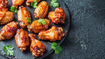 Glazed chicken wings with parsley on a stone textured platter showcase a savory barbecue appetizer photo