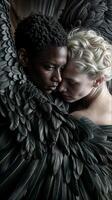 Interracial couple in embrace with black and white feathers showcases diversity, love, and emotion in an artistic portrait photo