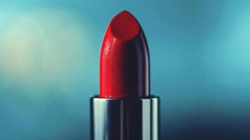 de cerca de un vibrante rojo lápiz labial exhibiendo moda, belleza, productos cosméticos, elegancia, y glamour foto