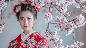 tradicional japonés mujer en rojo kimono entre sakura flores vitrinas cultura y belleza foto