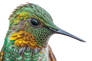 Close-up of a vibrant hummingbird showcasing exquisite feathers and eye detail photo