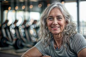 Elderly woman with silver hair smiling at a fitness center showing health and active senior lifestyle photo