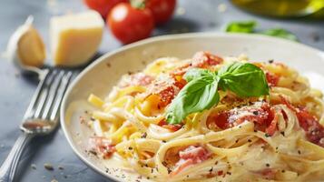 delicioso carbonara pasta con italiano tocino queso y albahaca en cremoso espaguetis foto